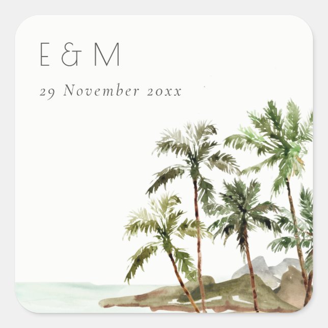 Pegatina Cuadrada Boda Monograma de arena de palmeras tropicales (Anverso)