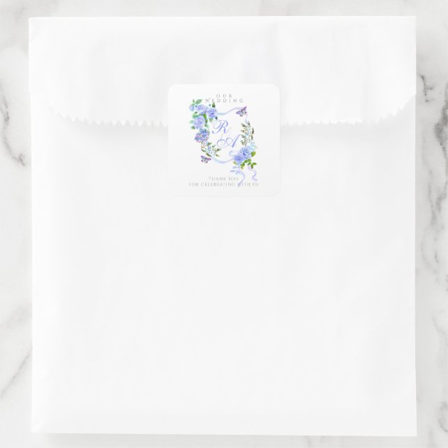 Pegatina Cuadrada Boda monograma de cinta azul (Bolso)