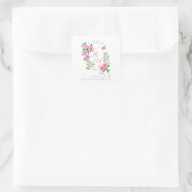 Pegatina Cuadrada Boda monograma de cinta rosa (Bolso)