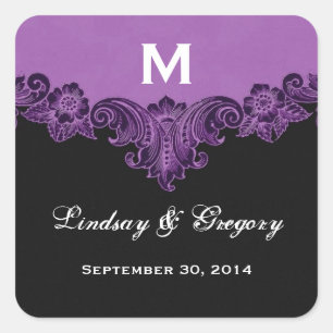 Pegatina Cuadrada Boda Monograma de color morado negro personalizado