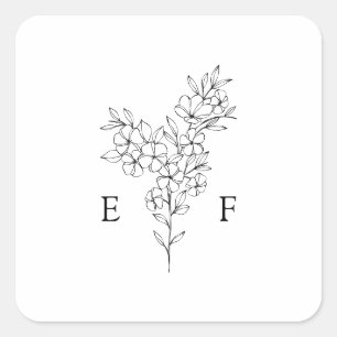 Pegatina Cuadrada Boda monograma de flor de cerezo de línea simple