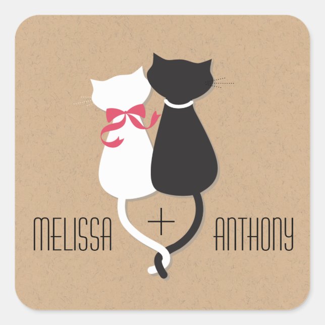 Pegatina Cuadrada Boda Monograma de la pareja de gatos unidos (Anverso)