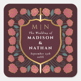 Pegatina Cuadrada Boda Monograma de Sword & Shield Fantasy Medieval