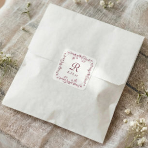 Pegatina Cuadrada Boda Monograma Floral Francesa Burgundy Rojo Oscur