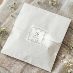 Pegatina Cuadrada Boda Monograma Floral Gris Vintage Francés