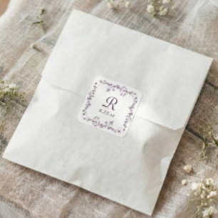 Pegatina Cuadrada Boda Monograma Púrpura Berenjena Floral Francesa