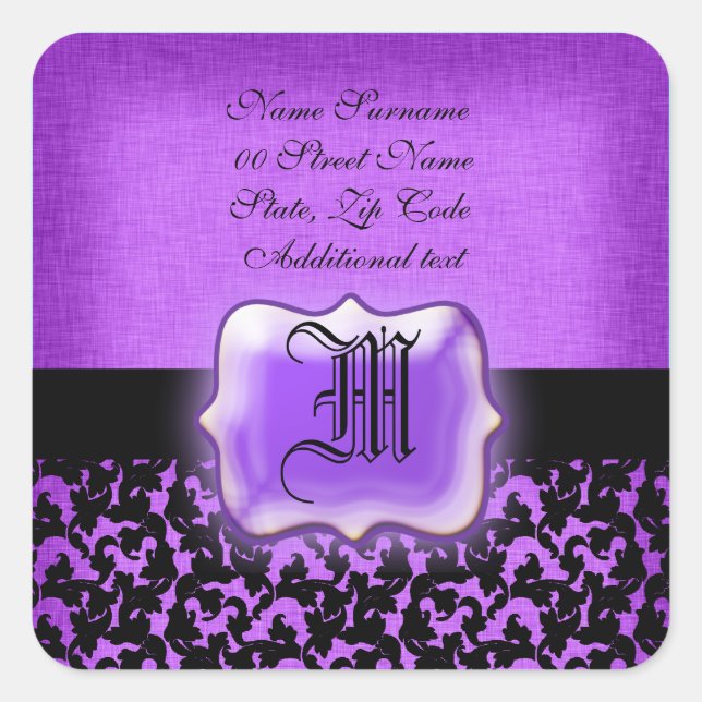 Pegatina Cuadrada Boda morada negra de damasco floral (Anverso)