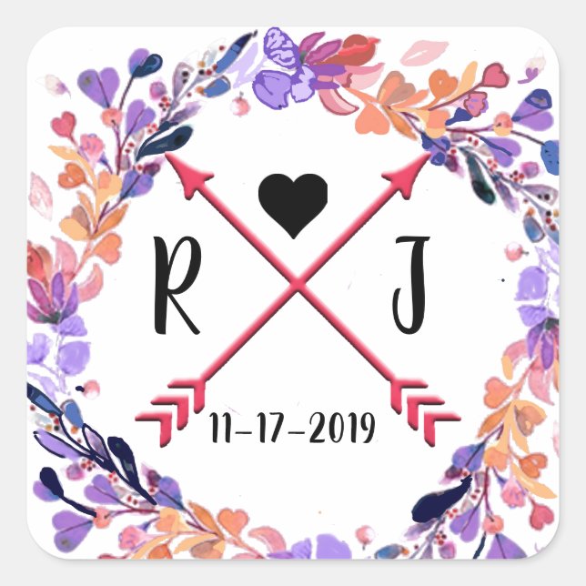 Pegatina Cuadrada Boda morado floral Monograma Wreath Design (Anverso)