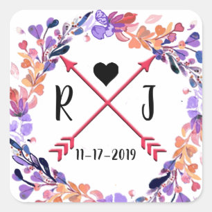 Pegatina Cuadrada Boda morado floral Monograma Wreath Design