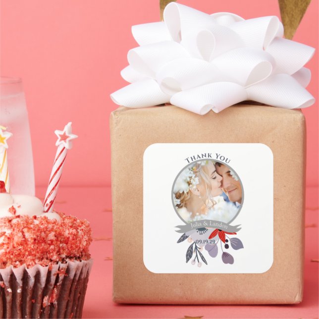 Pegatina Cuadrada Boda morado rojo Rubor rosa azul floral floral (Fiesta)