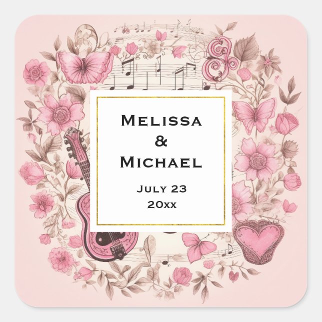 Pegatina Cuadrada Boda Music Notes and Flowers Retro Style (Anverso)