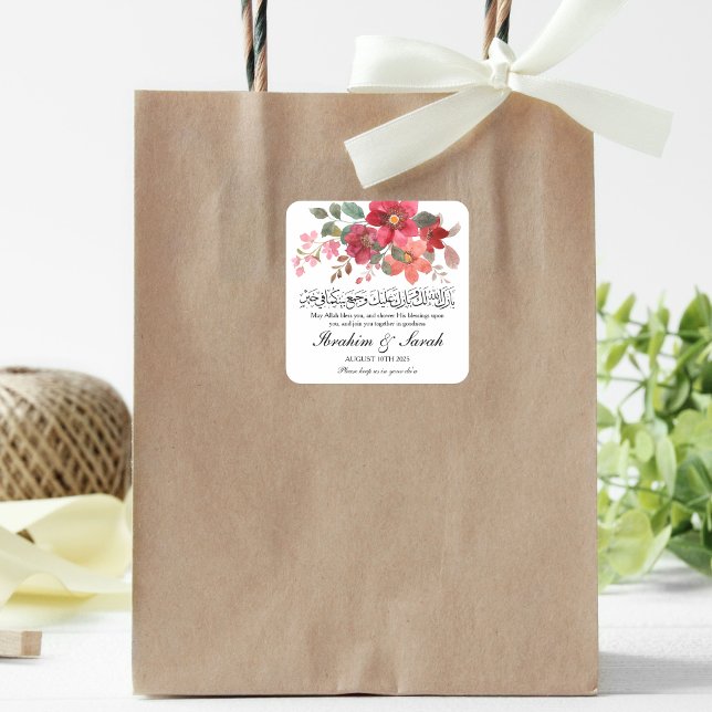 Pegatina Cuadrada Boda musulmán de Barokallahu nikah rosa rojo (Subido por el creador)