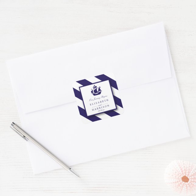 Pegatina Cuadrada Boda Nautical Stripes & Navy Blue Ship (Sobre)