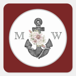 Pegatina Cuadrada Boda Náutico Ancla Floral Marrón Blanco Rojo