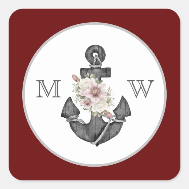 Pegatina Cuadrada Boda Náutico Ancla Floral Marrón Blanco Rojo (Anverso)