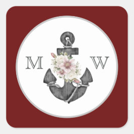 Pegatina Cuadrada Boda Náutico Ancla Floral Marrón Blanco Rojo