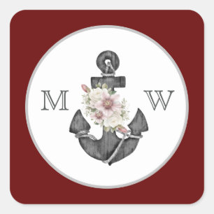 Pegatina Cuadrada Boda Náutico Ancla Floral Marrón Blanco Rojo
