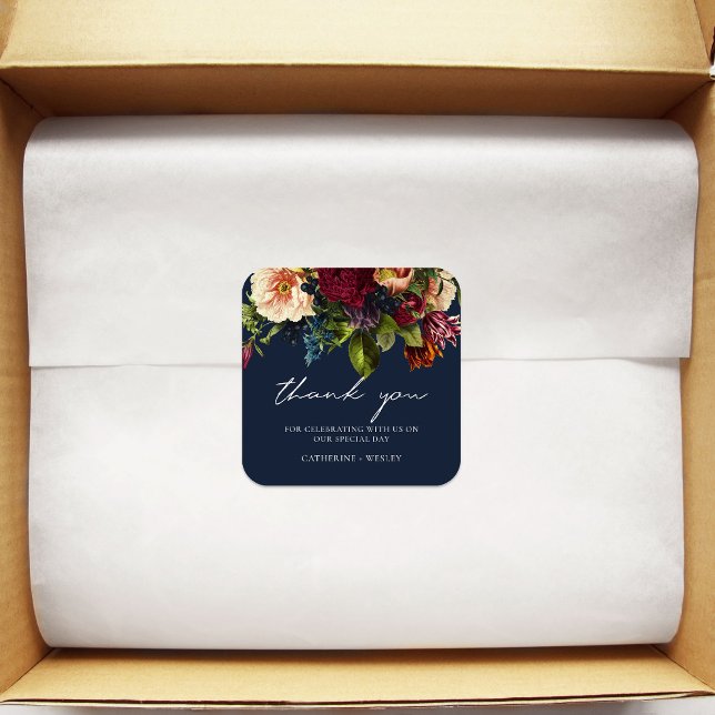 Pegatina Cuadrada Boda Navy Moody Floral Burgundy (Subido por el creador)