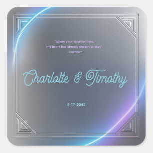 Pegatina Cuadrada Boda Neon Resplandor Moderno Azul Gris Púrpura