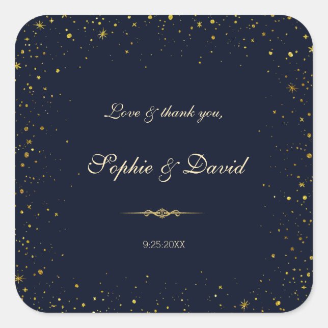 Pegatina Cuadrada Boda nocturno de Whimsical Gold Starry (Anverso)