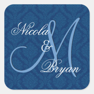 Pegatina Cuadrada Boda nupcial azul de la Marina Groom Monograma V2A