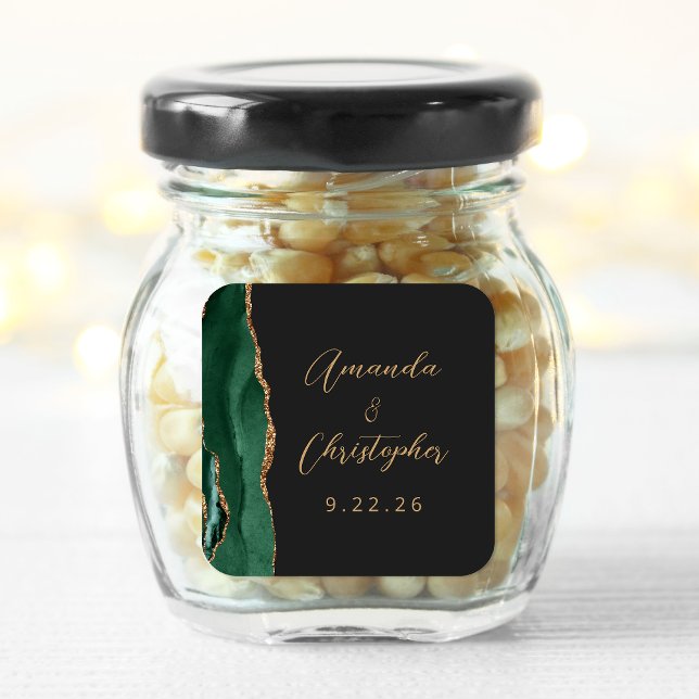 Pegatina Cuadrada Boda Oscura Agata Esmeralda Verde Oro Script (Subido por el creador)