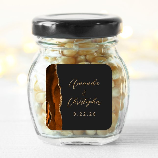 Pegatina Cuadrada Boda oscura de ágata naranja quemada dorada script (Subido por el creador)