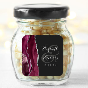 Pegatina Cuadrada Boda oscura de Burgundy Silver Agate