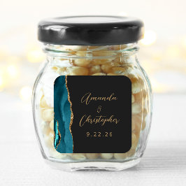 Pegatina Cuadrada Boda Oscura Escritura Dorada Azul Aguamarina Ágata