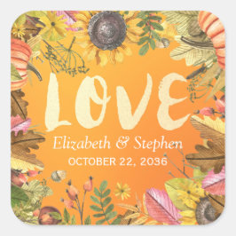 Pegatina Cuadrada Boda otoño gracias calabaza de hojas de arce otoña