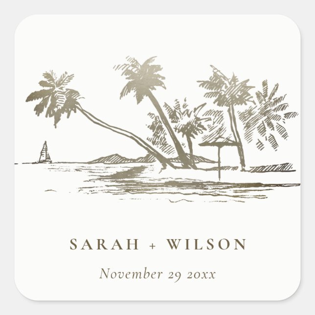 Pegatina Cuadrada Boda Palm Tree Sketch Pale Gold (Anverso)