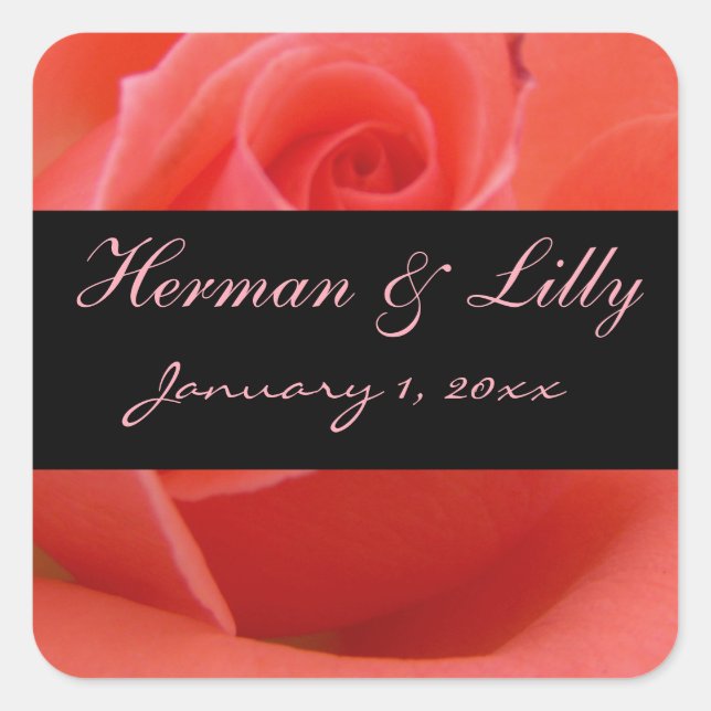 Pegatina Cuadrada Boda personal color de rosa rosada inclinada (Anverso)