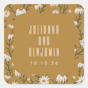Pegatina Cuadrada Boda personalizada amarillo mostaza floral rústico