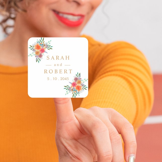 Pegatina Cuadrada Boda Personalizada Botánica Floral Rústica (Subido por el creador)