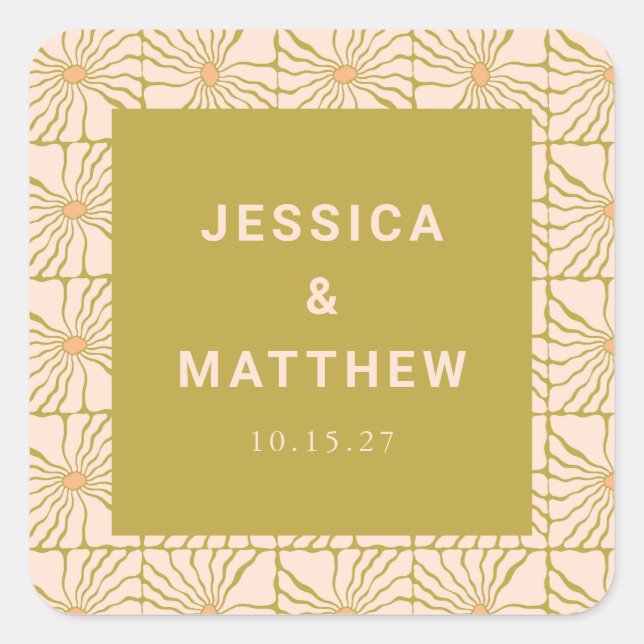 Pegatina Cuadrada Boda personalizada botánica Groovy Retro Chartreus (Anverso)