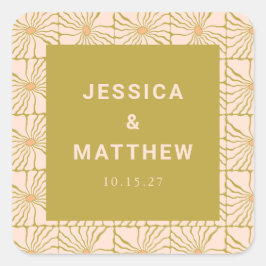 Pegatina Cuadrada Boda personalizada botánica Groovy Retro Chartreus