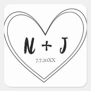 Pegatina Cuadrada Boda Personalizada Corazón Delgado Negro