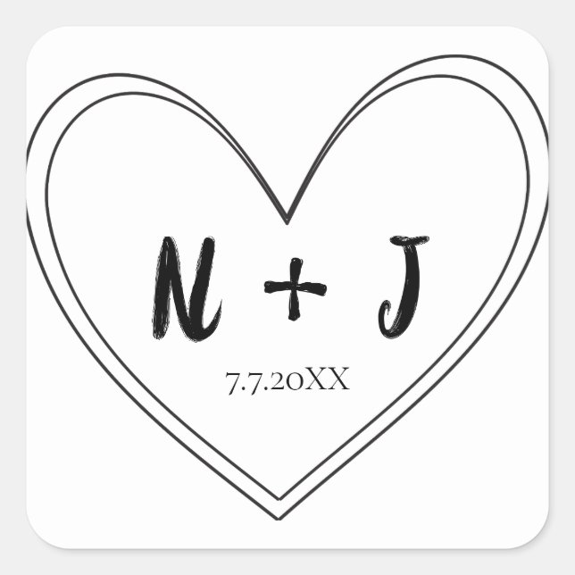 Pegatina Cuadrada Boda Personalizada Corazón Delgado Negro (Anverso)