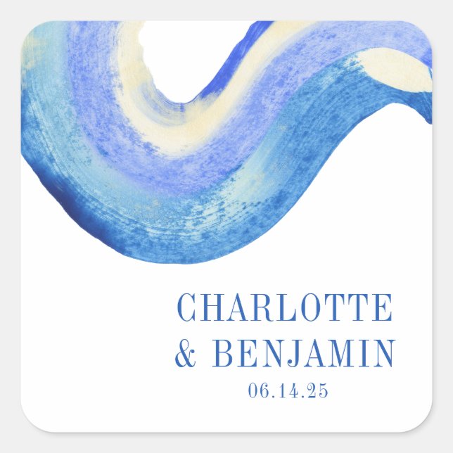 Pegatina Cuadrada Boda personalizada de color azul abstracto moderno (Anverso)