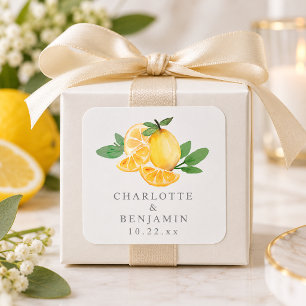 Pegatina Cuadrada Boda Personalizada de Fruta de Limón Acuarela
