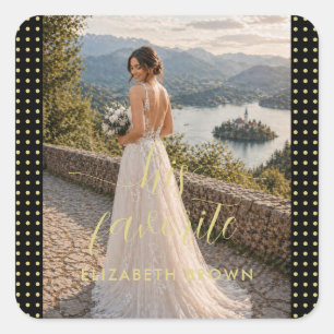 Pegatina Cuadrada Boda personalizada de lunares dorados y negros