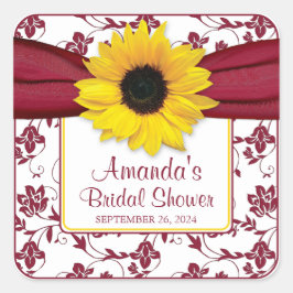 Pegatina Cuadrada Boda personalizada de Yellow Sunflower Burgundy