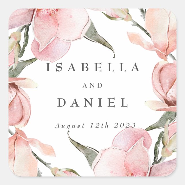 Pegatina Cuadrada Boda personalizada Magnolia con clase (Anverso)