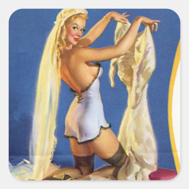 Pegatina Cuadrada Boda Pin Up (Anverso)