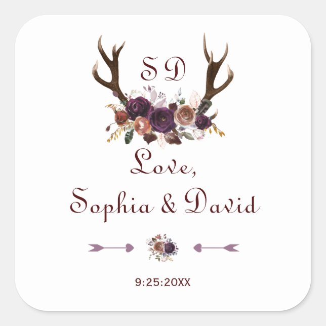 Pegatina Cuadrada Boda Plum Purple Floral Antlers (Anverso)