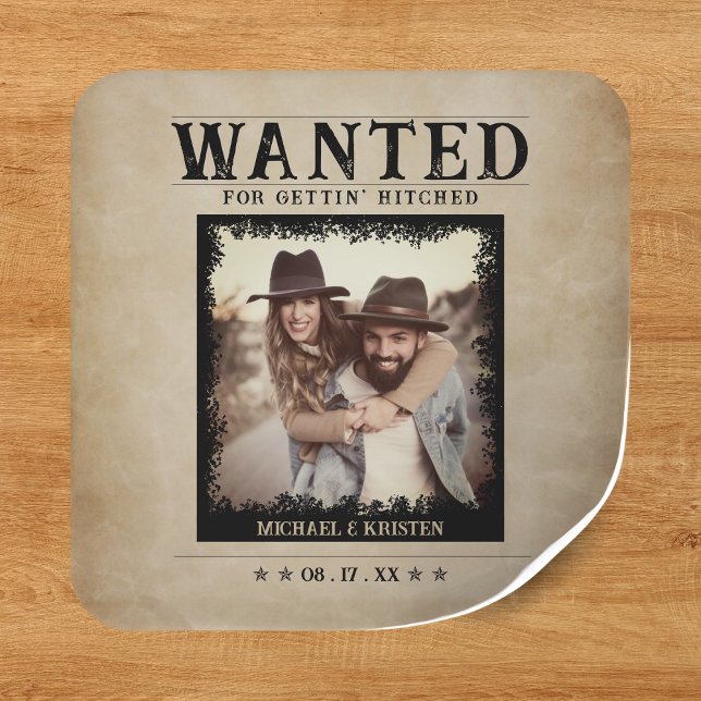 Pegatina Cuadrada Boda Poster de Vintage Photo Wanted (Vintage Photo Wanted Poster Wedding Square Sticker
)