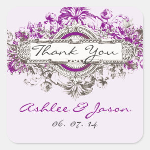 Pegatina Cuadrada Boda Purple Lilac Vintage Floral Gracias