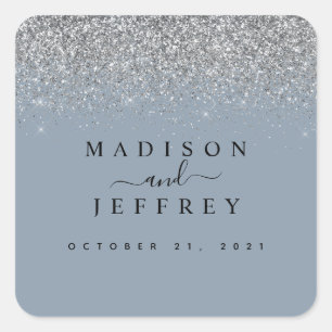 Pegatina Cuadrada Boda Purpurina Dusty Blue & Silver