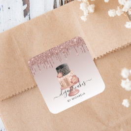 Pegatina Cuadrada Boda Purpurina Pastel Drip Rosa Panadería de Oro