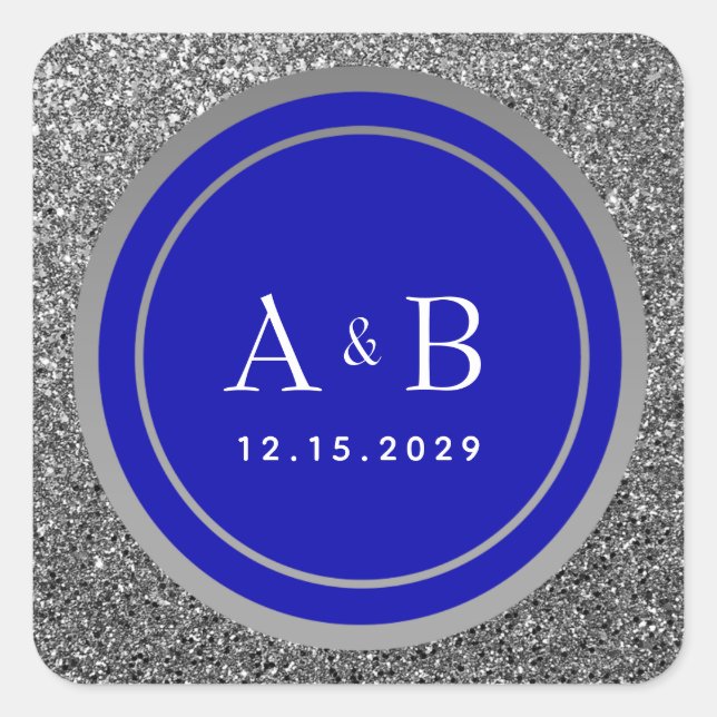 Pegatina Cuadrada Boda Purpurina Royal Blue Silver (Anverso)